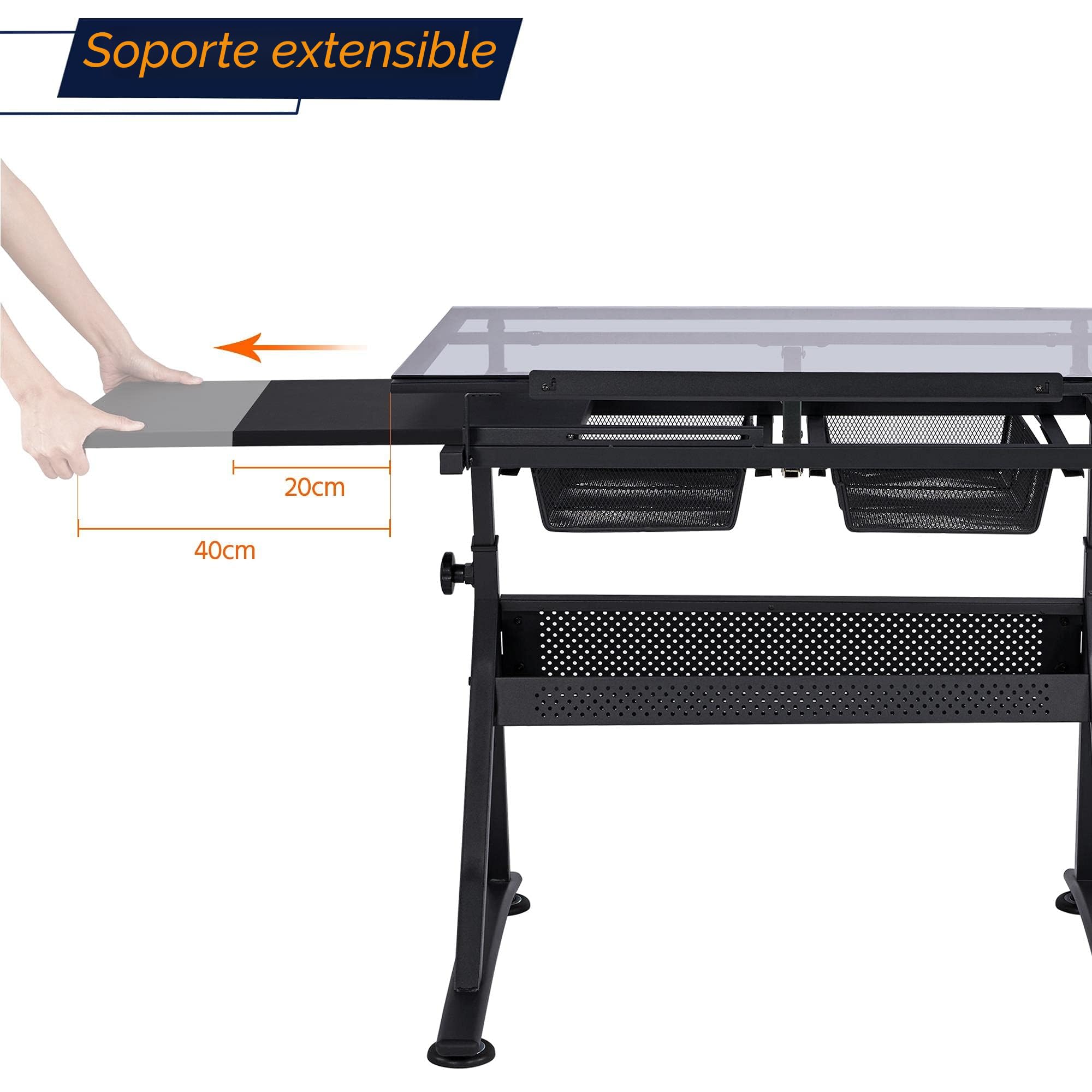 Yaheetech Mesa de Dibujo Reclinable con Taburete Mesa Inclinable Altura Ajustable con Bandeja de Cristal y 2 Cajones para Casa, Oficina, Escuela 141 × 60 × 91 cm