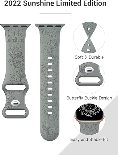 Miniatura 2 de Paquete de 3 correas de silicona grabadas con girasol compatibles con Apple Watch de 1.772 pulgadas, 1.732 pulgadas, 1.654 pulgadas, 1.732 pulgadas,