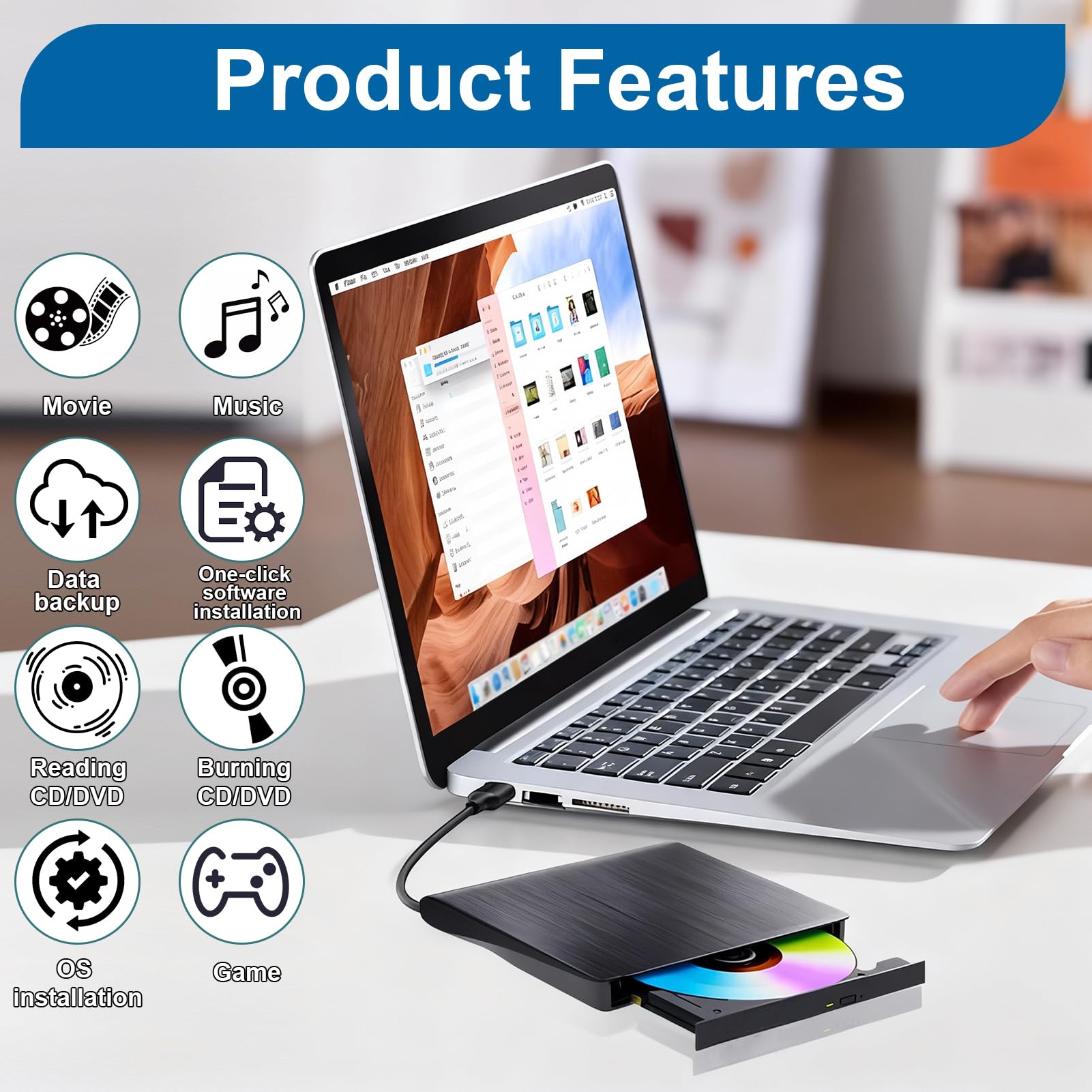 Veridius External CD DVD Drive for USB 3.0 Slim Portable CD DVD Drive Player Burner Writer Reader Rewriter Optical Disc for Laptop PC Desktop Mac IOS Macbook Pro Windows 11 10 8 7 / XP Vista Linux — view 3
