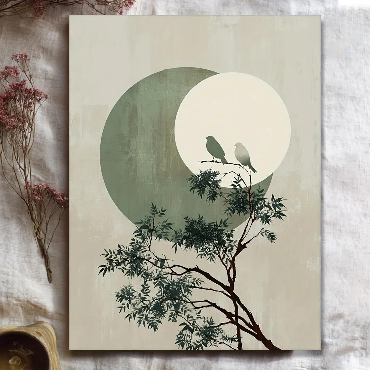 LTjiajuypd Birds Sun Canvas Wall Art Green & White Abstract Print For Living Room Decortion(70x110cm/Frameless)