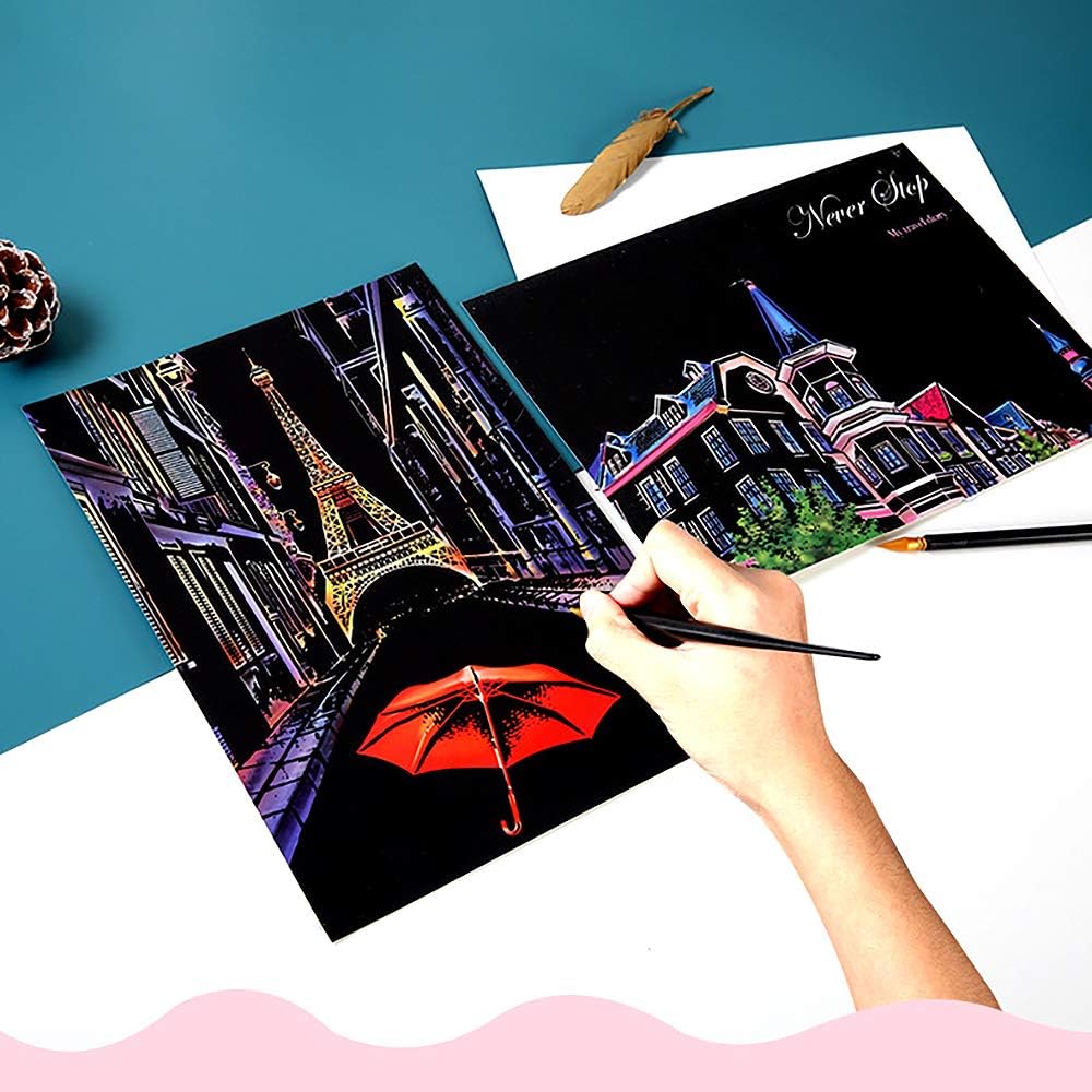 MUGIT Scratch&Sketch Art Paper(A4) for Teen&Adults, Rainbow Painting Night View Scratchboard, Art&Craft, Engraving Art Set: 4 Scratch Cards & Scratch Drawing Pen, Clean Brush (Street Corner)