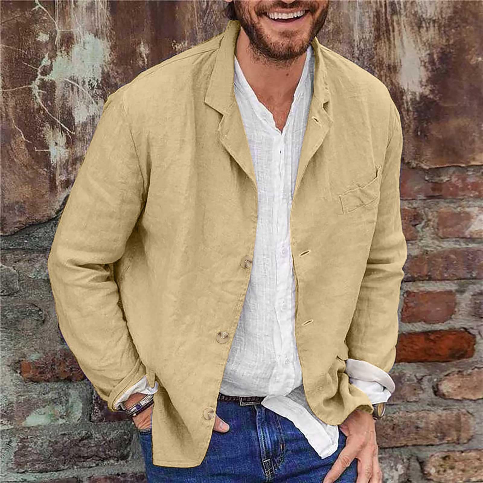 Camicia da abito in lino Giacca da uomo casual Giacca a tre bottoni tinta unita Giacca ampia in lino di cotone Cappotto sportivo Vestibilità regolare Giacca leggera ed elegante Giacche UK Clearance