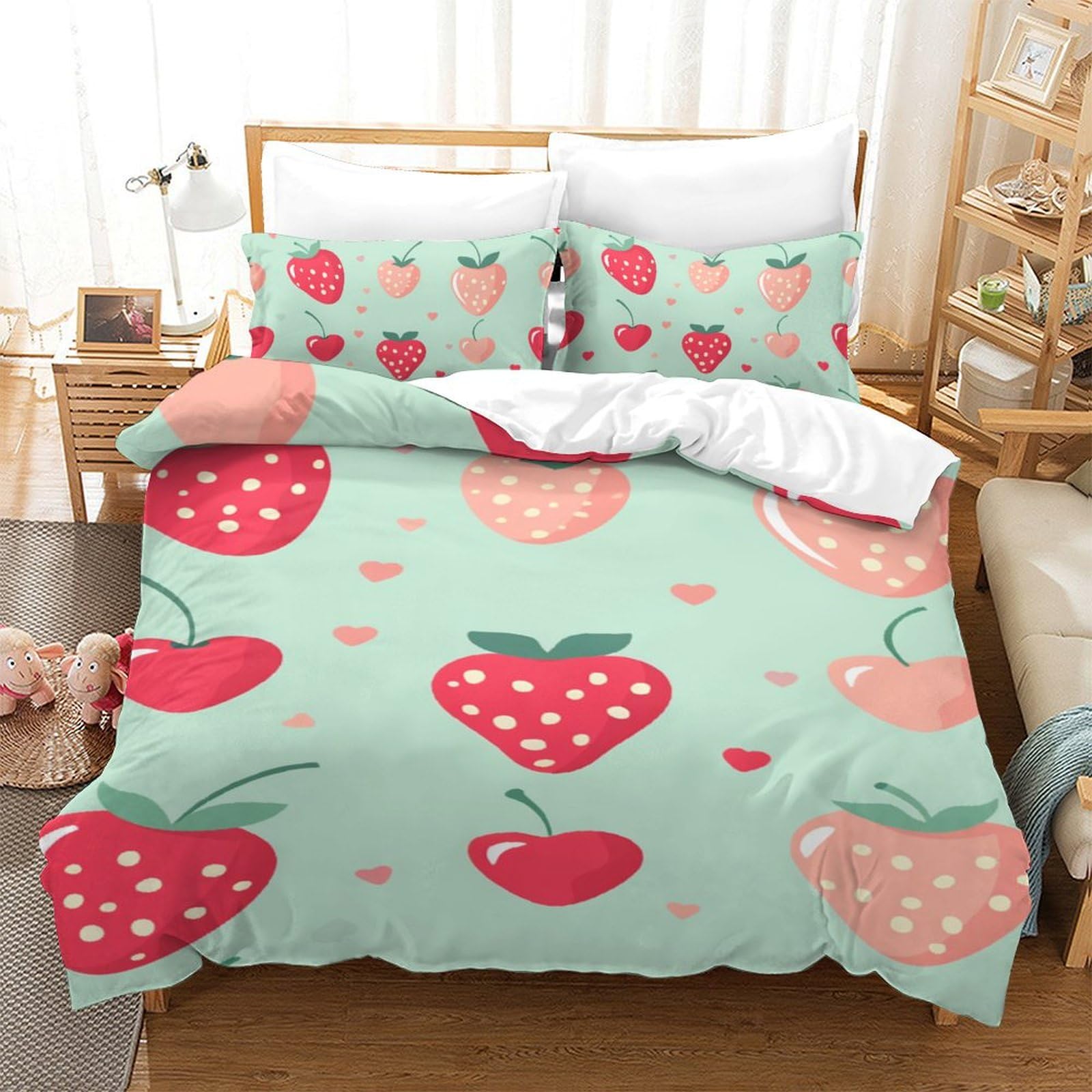 Set de housse de couette respirante 140x200cm en microfibre super douce motif fraises 3D