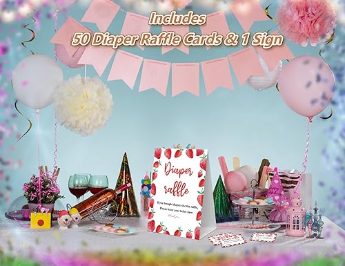 Miniatura 4 de Rifa de pañales para baby shower, 1 letrero y 50 boletos de rifa, decoraciones de baby shower de fresa, juegos de revelación de género, recuerdo de