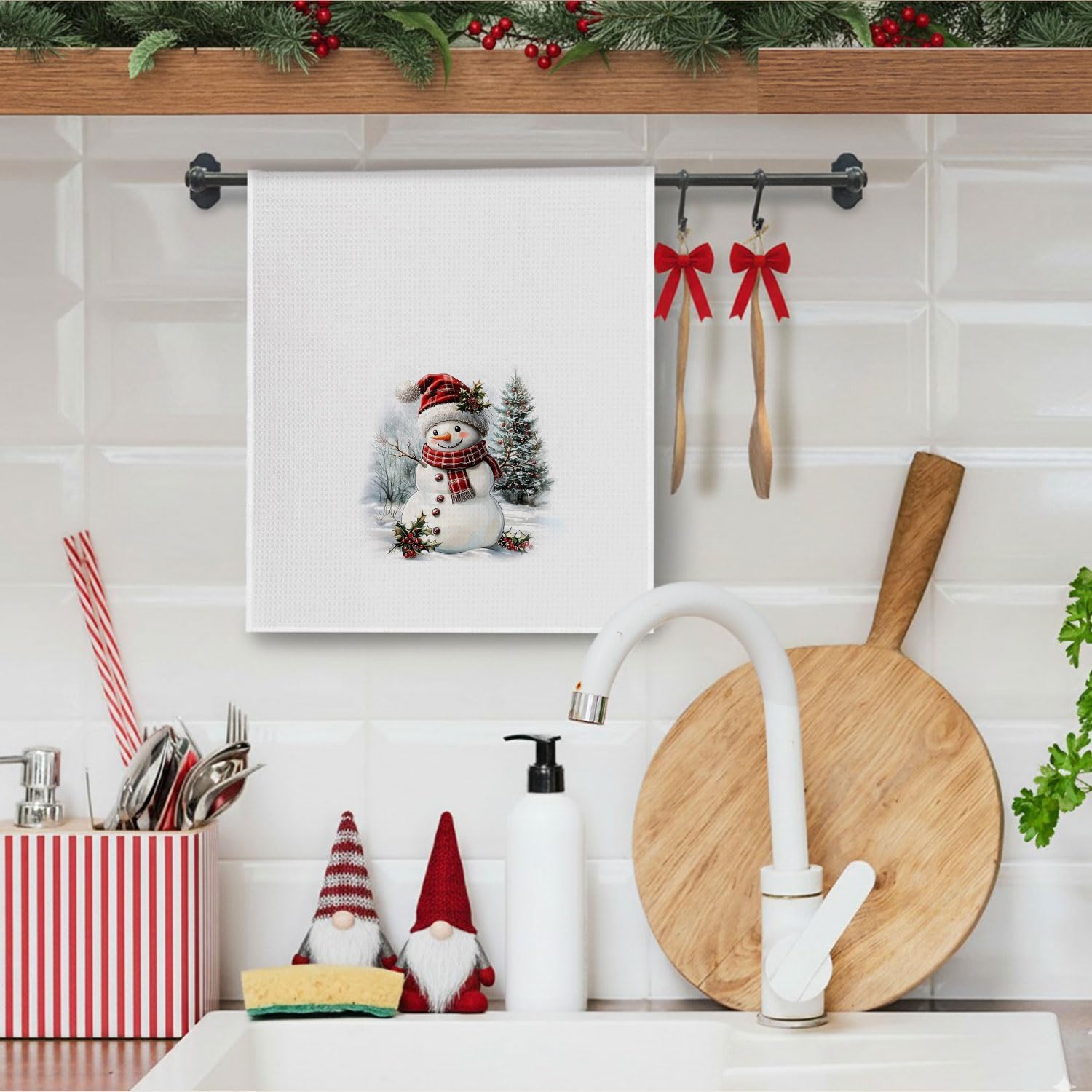 Red Plaid Christmas Snowman Kitchen Towels, Winter Christmas Dish Towels Drying Cloth for Kitchen, Retro Xmas Tree Santa Snowman Decorative Hand Towel for Bathroom, 16x24 Inch - Image 5