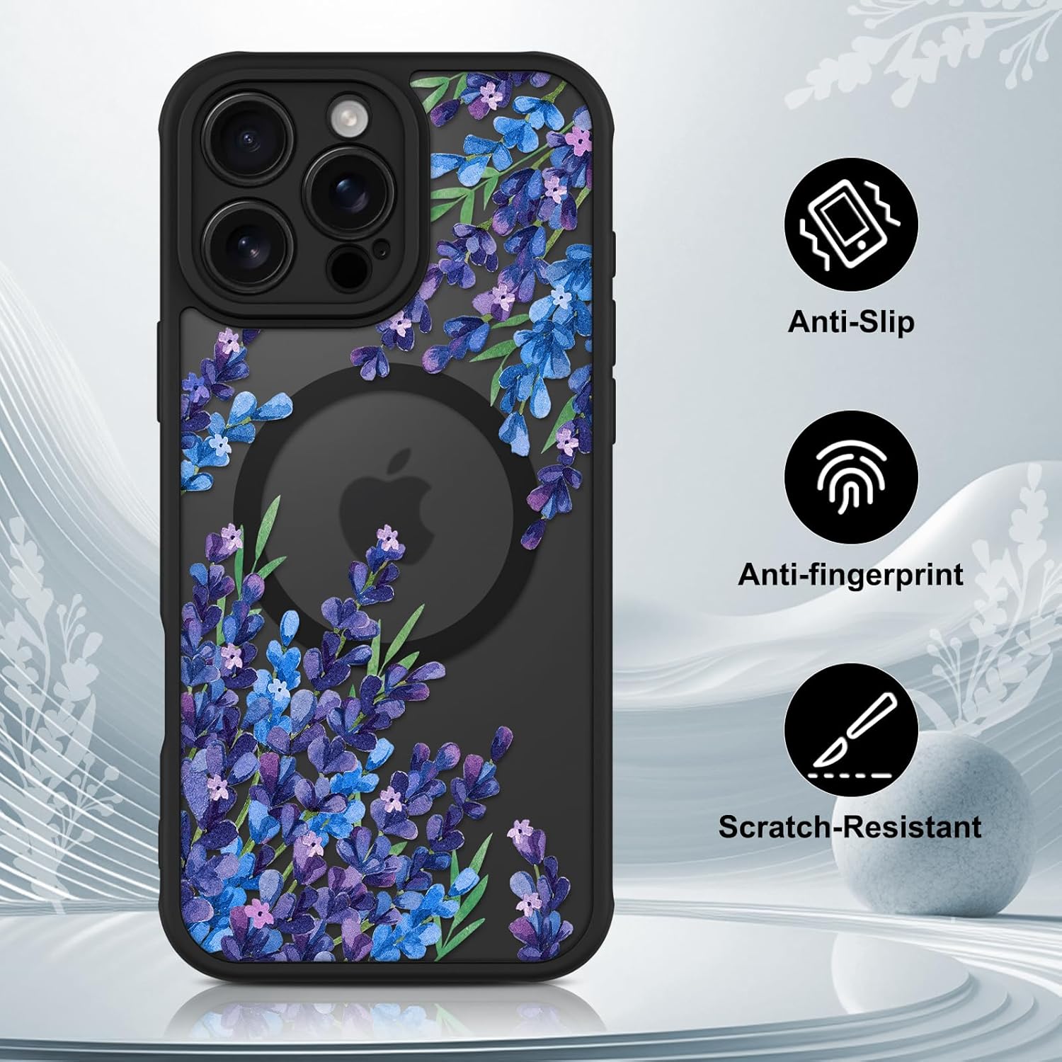 OOK Case for iPhone 16 Pro Max 6.9 (Compatible with MagSafe) Purple Floral Flowers Lavender Design Translucent Phone Cover Soft TPU + Hard PC Anti-Scratch Shockproof Magnetic Cute Case for Women - Image 5