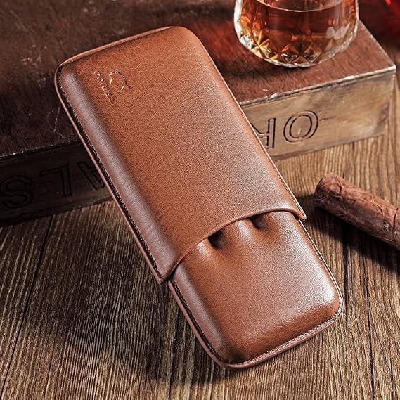 Brown PU Leather 3 Ct Cigar Case w/Stainless Steel Cutter for Large Cigar