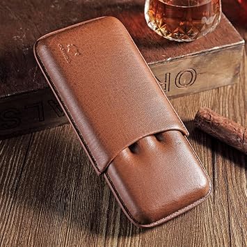 Brown PU Leather 3 Ct Cigar Case w/Stainless Steel Cutter for Large Cigar
