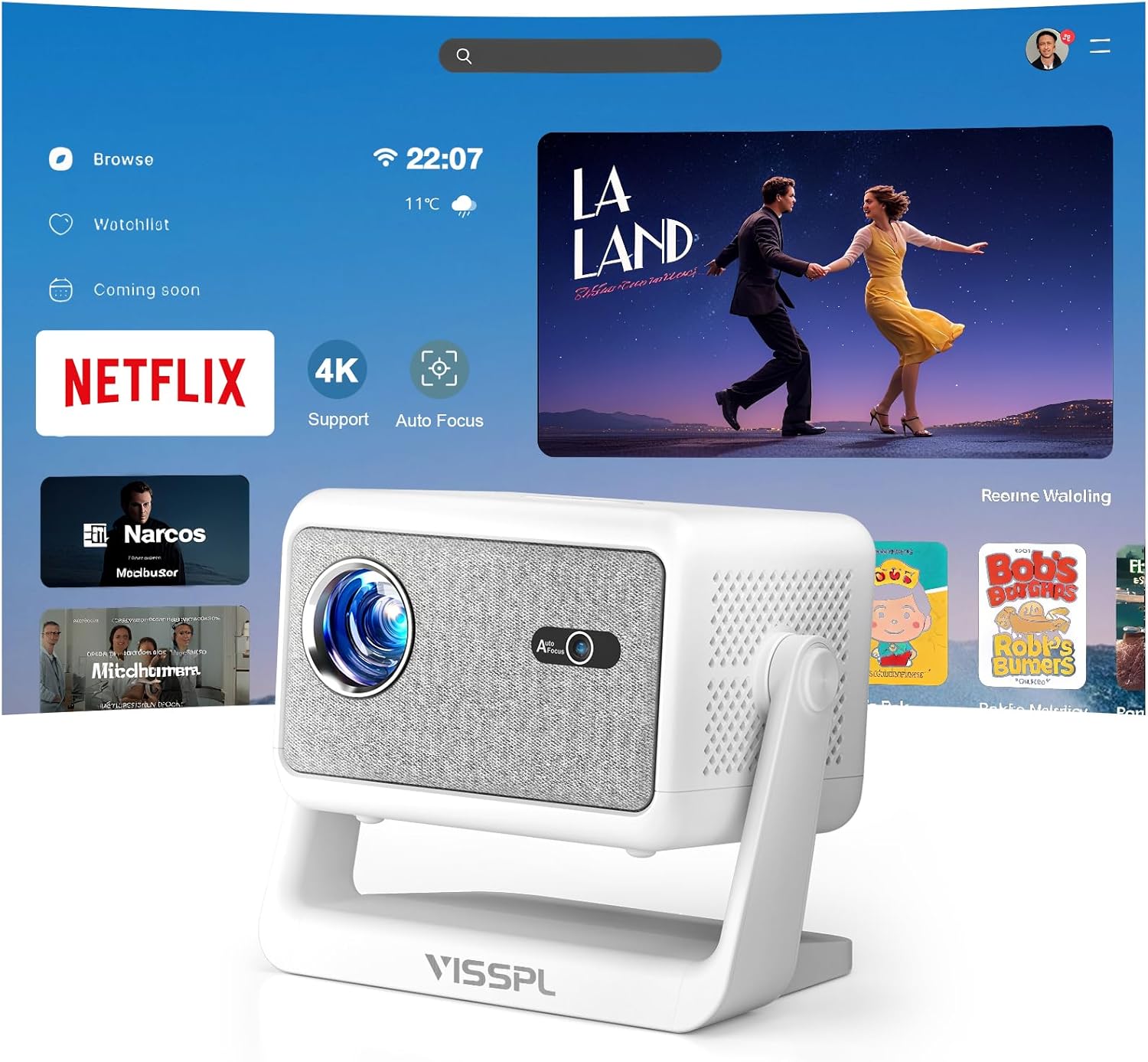 Product image of 【Netflix Licensed & Auto focus Projector】VISSPL Smart Projector with WiFi and Bluetooth, Auto Focus & Keystone Protable Mini Projector with Stand, 4K Netflix Home Theater Projector