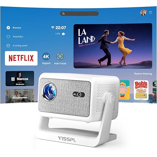 【Netflix Licensed & Auto focus Projector】VISSPL Smart Projector with WiFi and Bluetooth, Auto Focus & Keystone Protable Mini Projector with Stand, 4K Support Netflix Home Theater Projector White