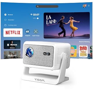 【Netflix Licensed & Auto focus Projector】VISSPL Smart Projector with WiFi and Bluetooth, Auto Focus & Keystone Protable Mini Projector with Stand, 4K Netflix Home Theater Projector - Amazon product rated Grade A