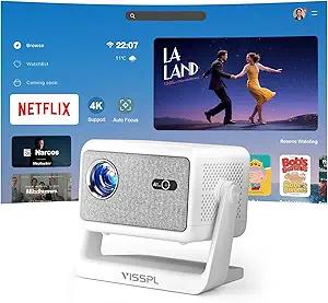 【Netflix Licensed & Auto focus Projector】VISSPL Smart Projector with WiFi and Bluetooth, Auto Focus & Keystone Protable Mini Projector with Stand, 4K Support Netflix Home Theater Projector White