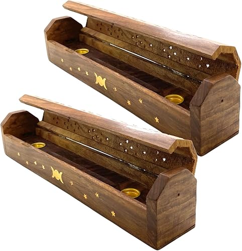 Vista 28 de Paquete de 2 quemadores de incienso de madera tipo ataúd - Incrustaciones de latón de 12 pulgadas - Compartimento de almacenamiento (Buddha)