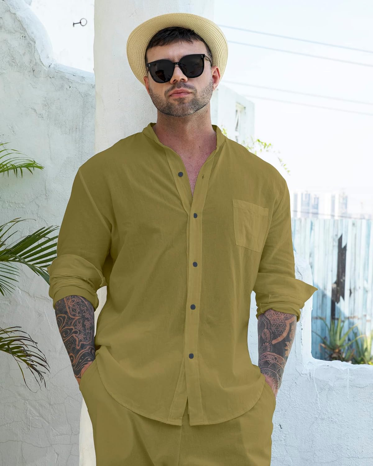RPOVIG Linen Shirt Sets Outfits:Men's 2 Pieces Henley Shirts Long Sleeve Loose Yoga Pants Beach Clothing - Image 4