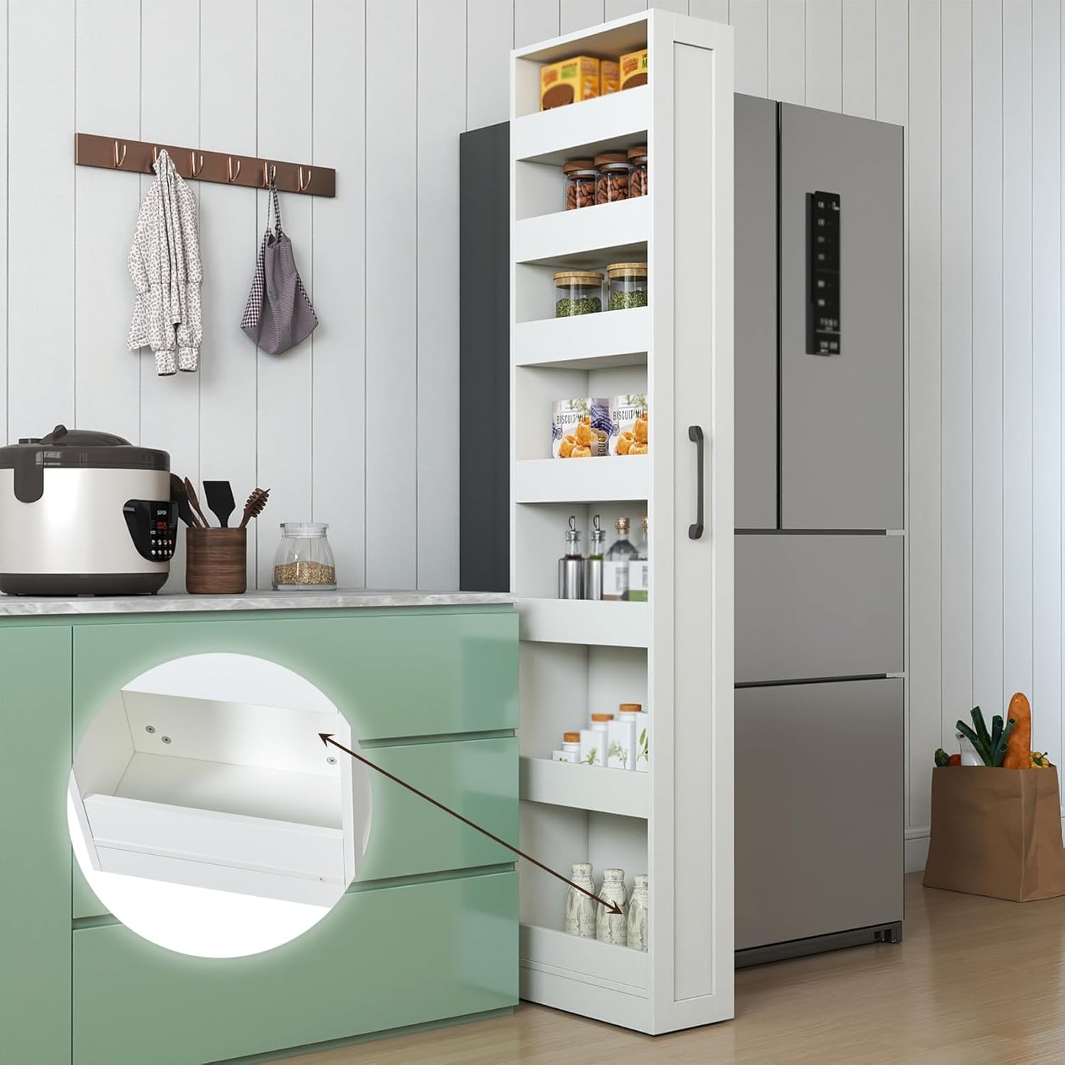 7 Tier Slim Storage Cart, Rolling Spice Rack Next to Fridge Slim, Wooden Narrow Storage Cabinet, Storage Organizer with Handle Wheels, for Living Room & Narrow Spaces (7 Tier-White A)