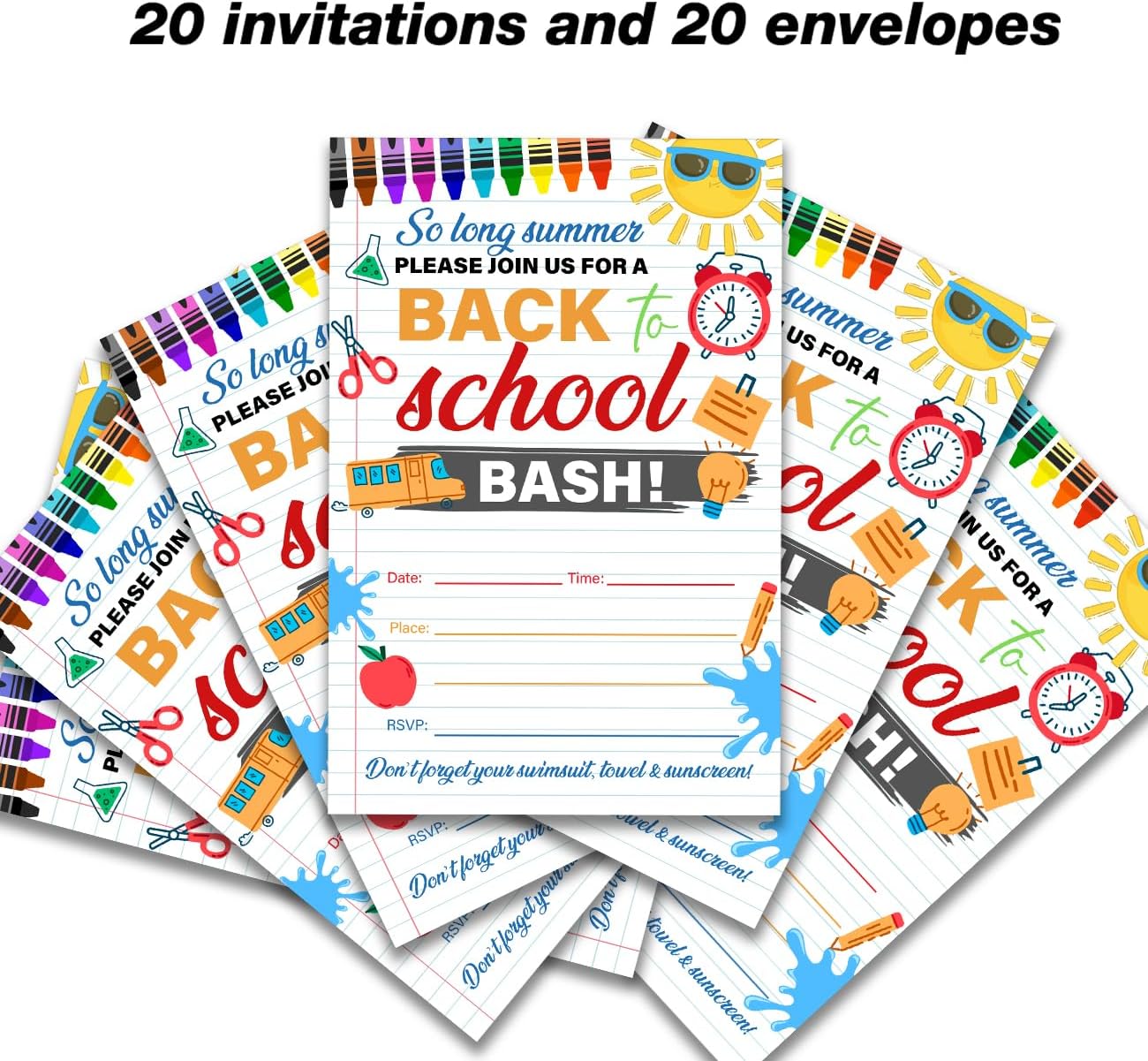 Back to School Party Invites End of Summer Party Invitations with Envelopes, Pack of 20