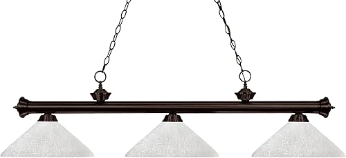 Z-Lite 200-3BRZ-AWL14 Riviera Three Light Billar, marco de acero, acabado bronce y pantalla de lino blanco de material de vidrio