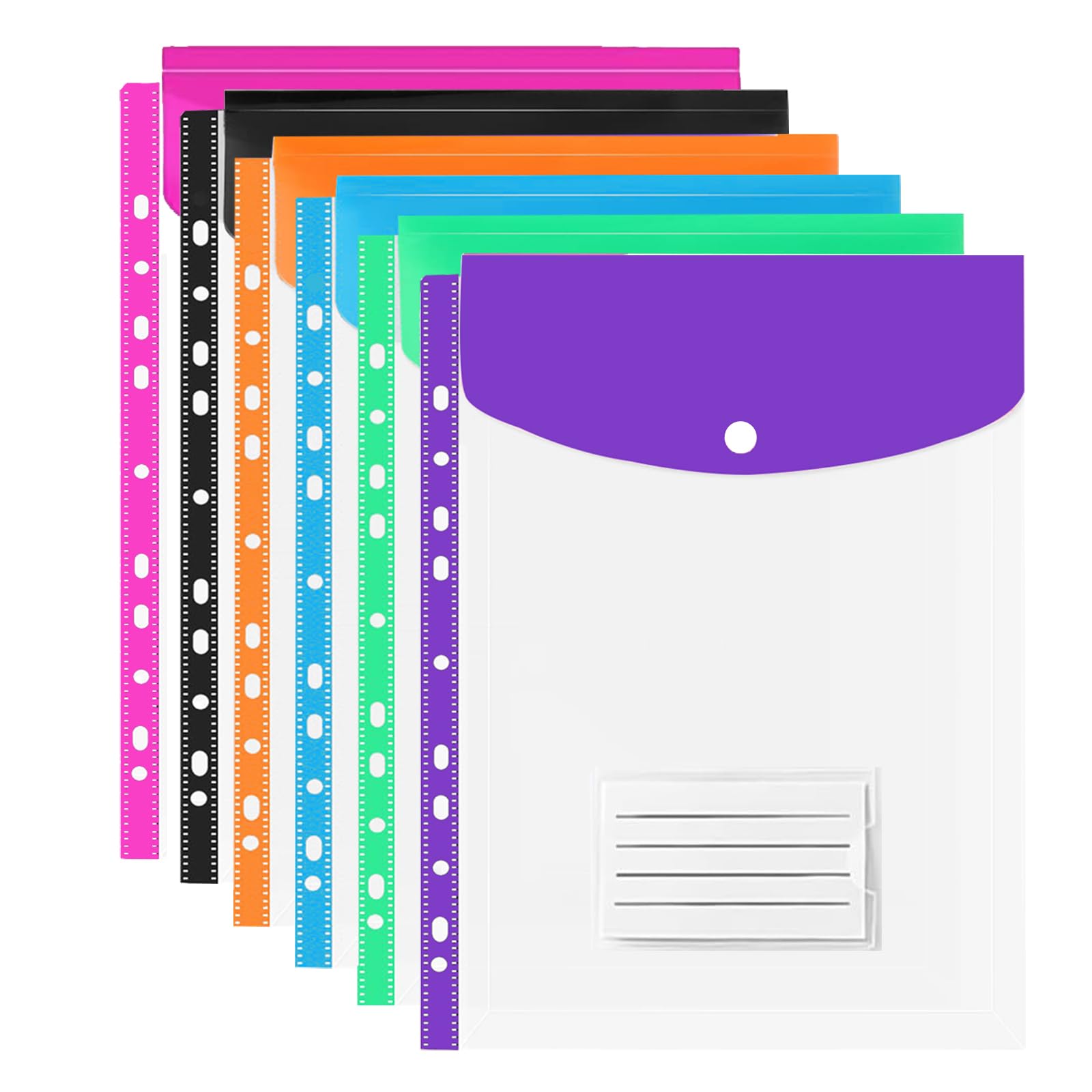 Punched Pockets A4 Plastic Wallets 6 Pack A4 Expandable File Folders with Button and Tab Card for School, Home & Office Use