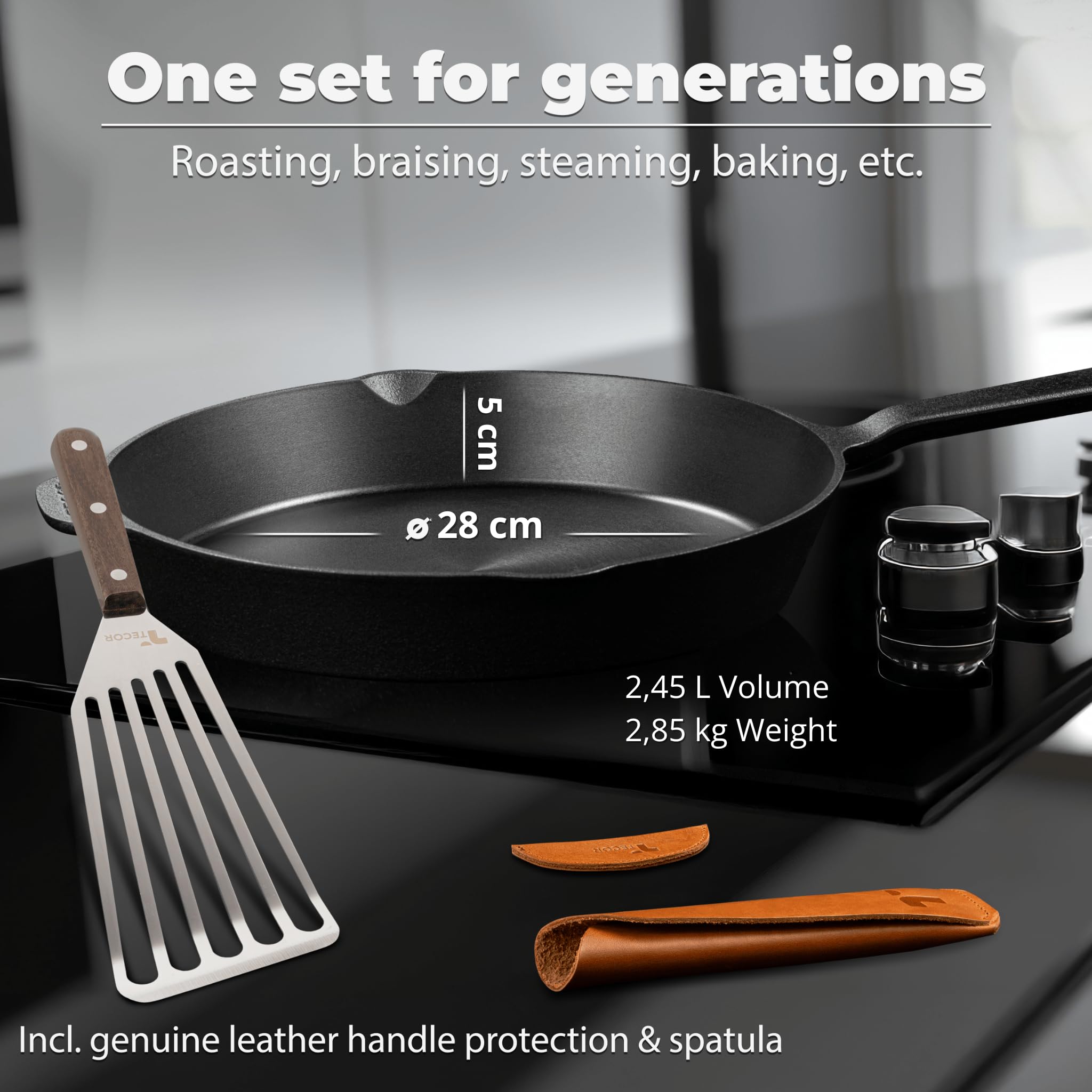 TECOR gietijzeren koekenpan inductie 28 cm ongepolijst, universeel, naturel - Duurzame gietijzeren fornuizen - Antiaanbak koekenpan voor inductie 28 cm gewoon topkwaliteit - Cast iron pan