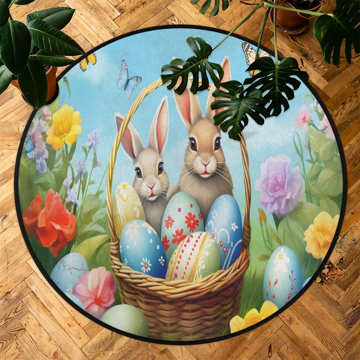 Rug Area, Eggs Rabbit Butterfly Rug Accent Anti-Slip Distressed Protector Gaming Computer Chair Mat Throw Rugs Floor Carpet for Living Room Bedrooms Laundry Decor Gaming Diameter 63in