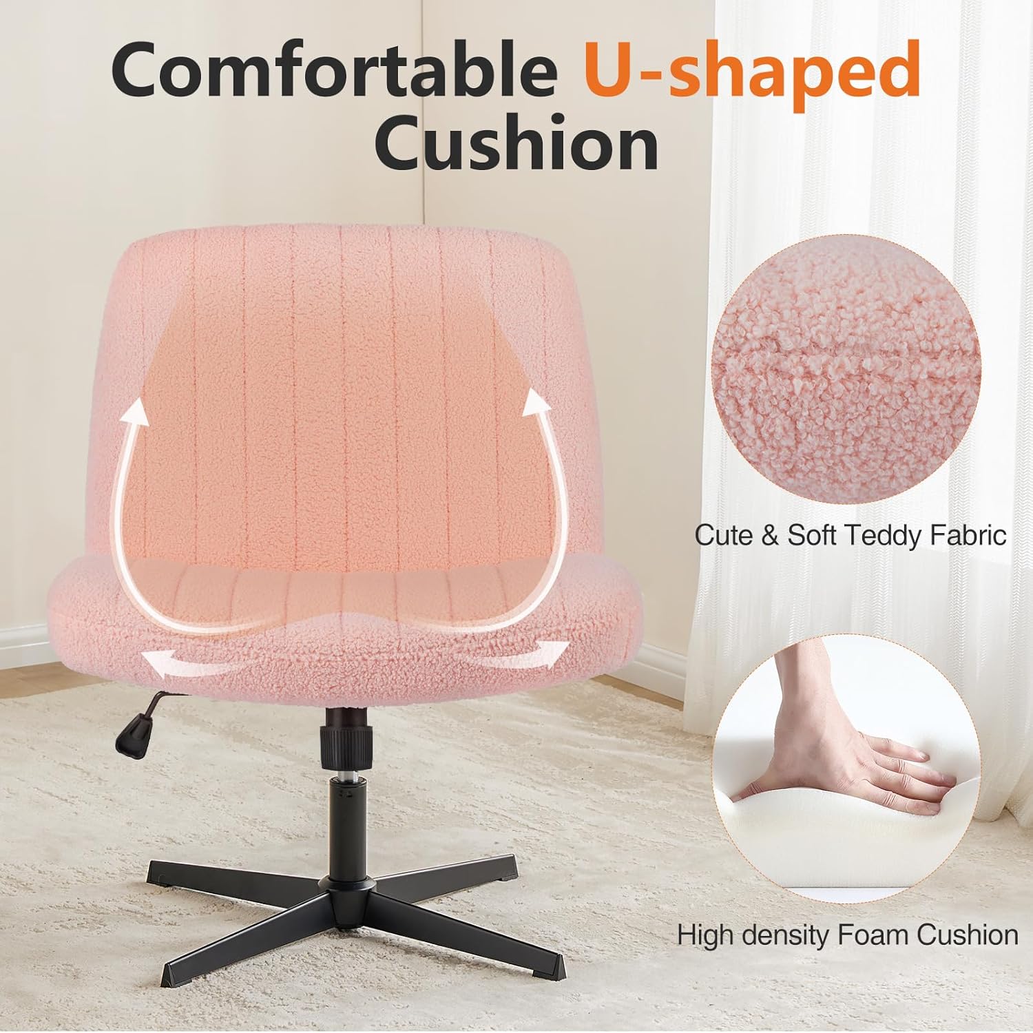 Sweetcrispy Criss Cross Chair Legged, Armless Office Swivel Desk Chair No Wheels, Vanity Height Adjustable Wide Seat Comfy Cute Computer Task Seating for Home Bedroom - 4