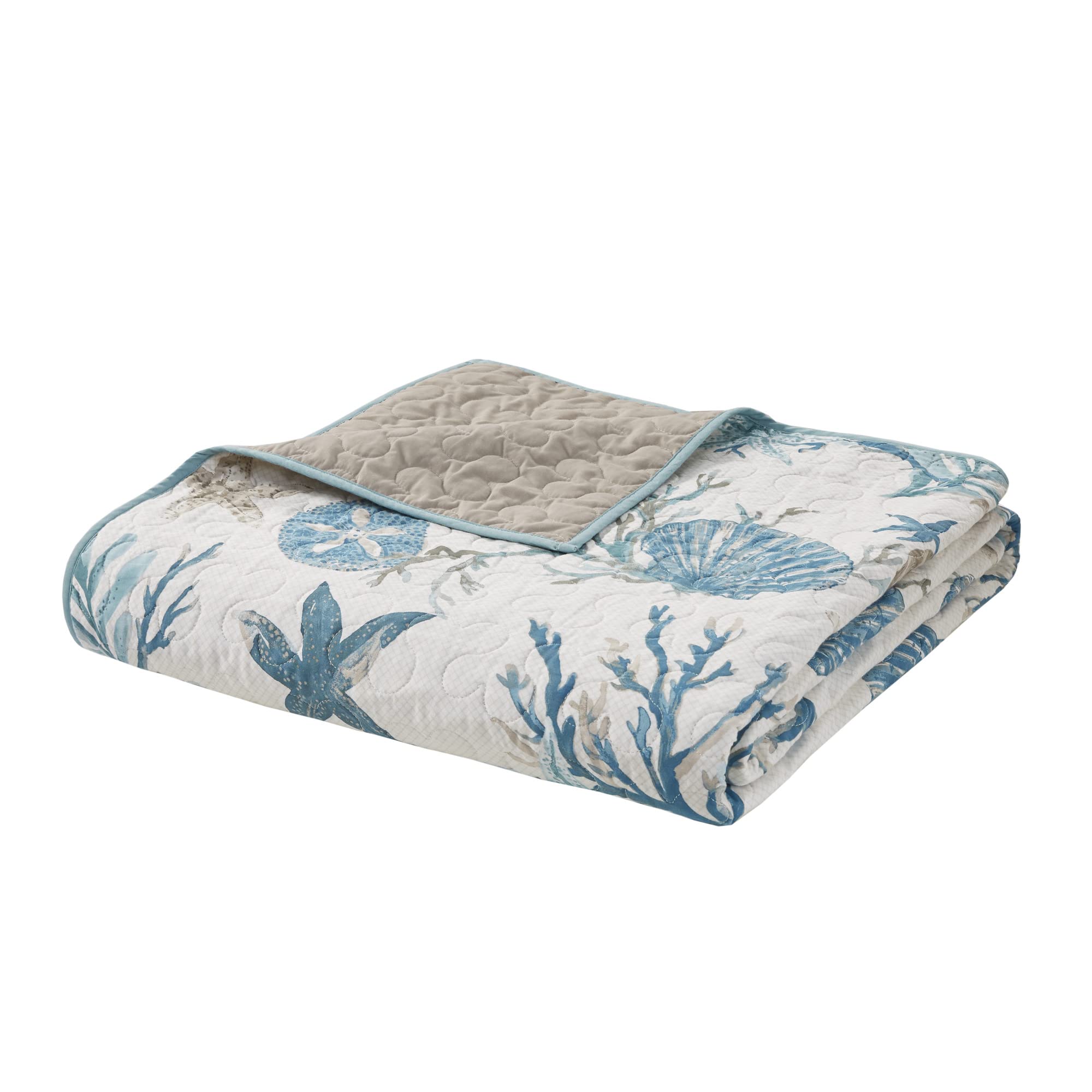 Madison Park Quilt Set Cottage Coastal Design, Starfish Print - All Season, Coverlet Bedspread Lightweight Bedding Layer, Shams, Toss Pillows, King/Cal King(104"x94"), Pebble Beach Aqua 6 Piece
