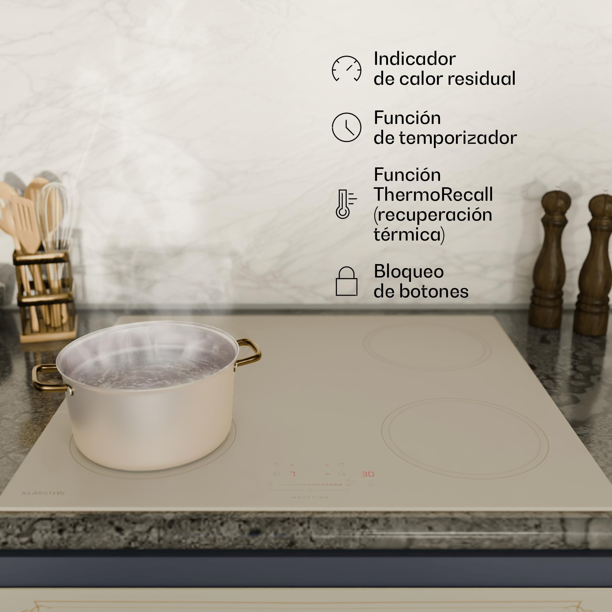 Klarstein Victoria Placa Inducción - 4 Zonas, 7000W Con Potenciadores, Control Deslizante, Temporizador & Bloqueo Infantil, Cristal Cerámico Crema, Diseño Encastrable 59cm