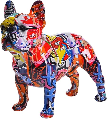 Gralara Estatua de bulldog francés, estatua de bulldog francés, graffiti, escultura de animal para decoración del gabinete del hogar, centros de