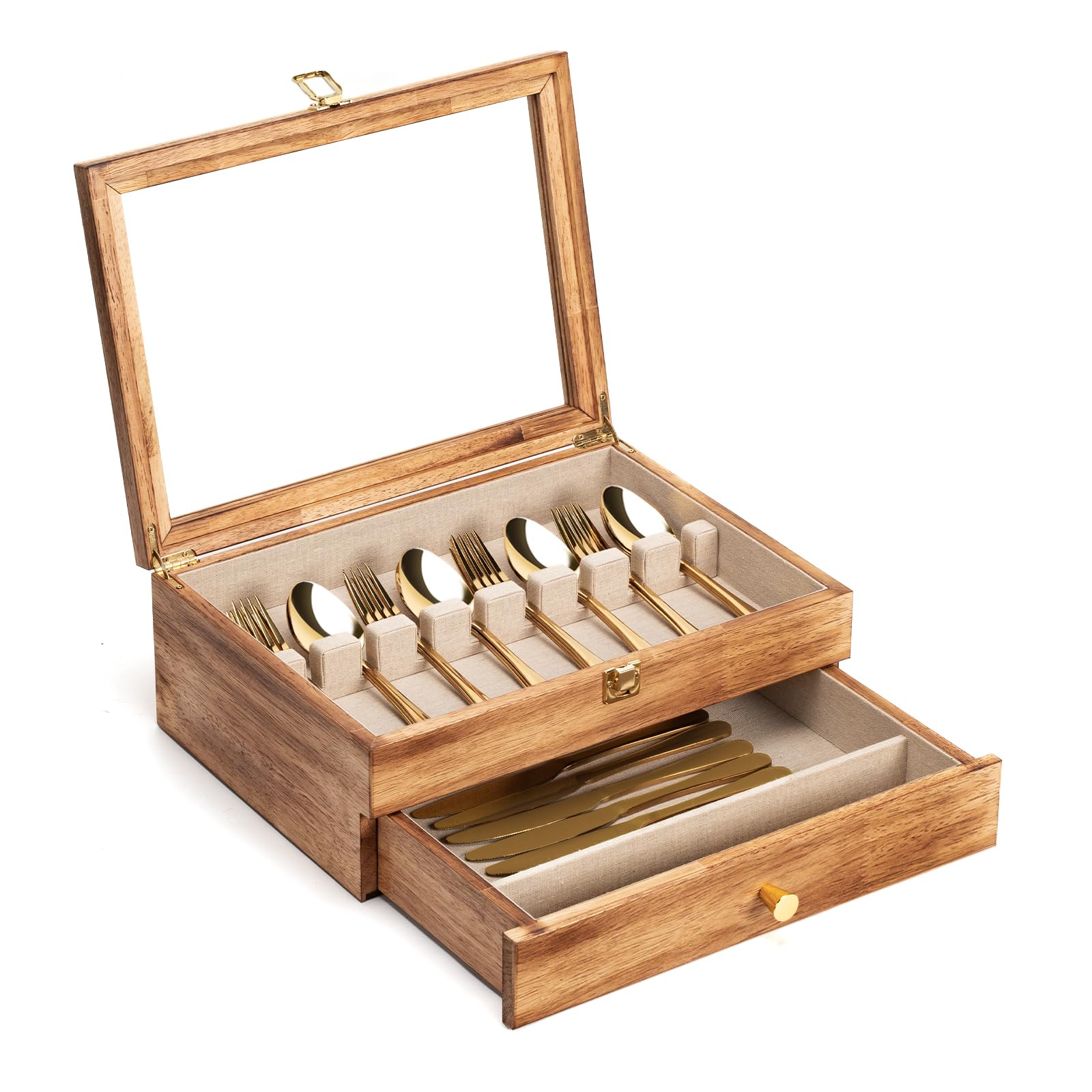 Emfogoo Besteckkasten, 2-Schicht Holz Besteckkasten mit Glasdeckel, 36.8 × 26.9 CM Vintage Stil Dekor Silberbesteck Aufbewahrung für Feine Silberbesteck & Utensilien, Geschenkideen (Rustikal Braun) Küche, Haushalt & Wohnen