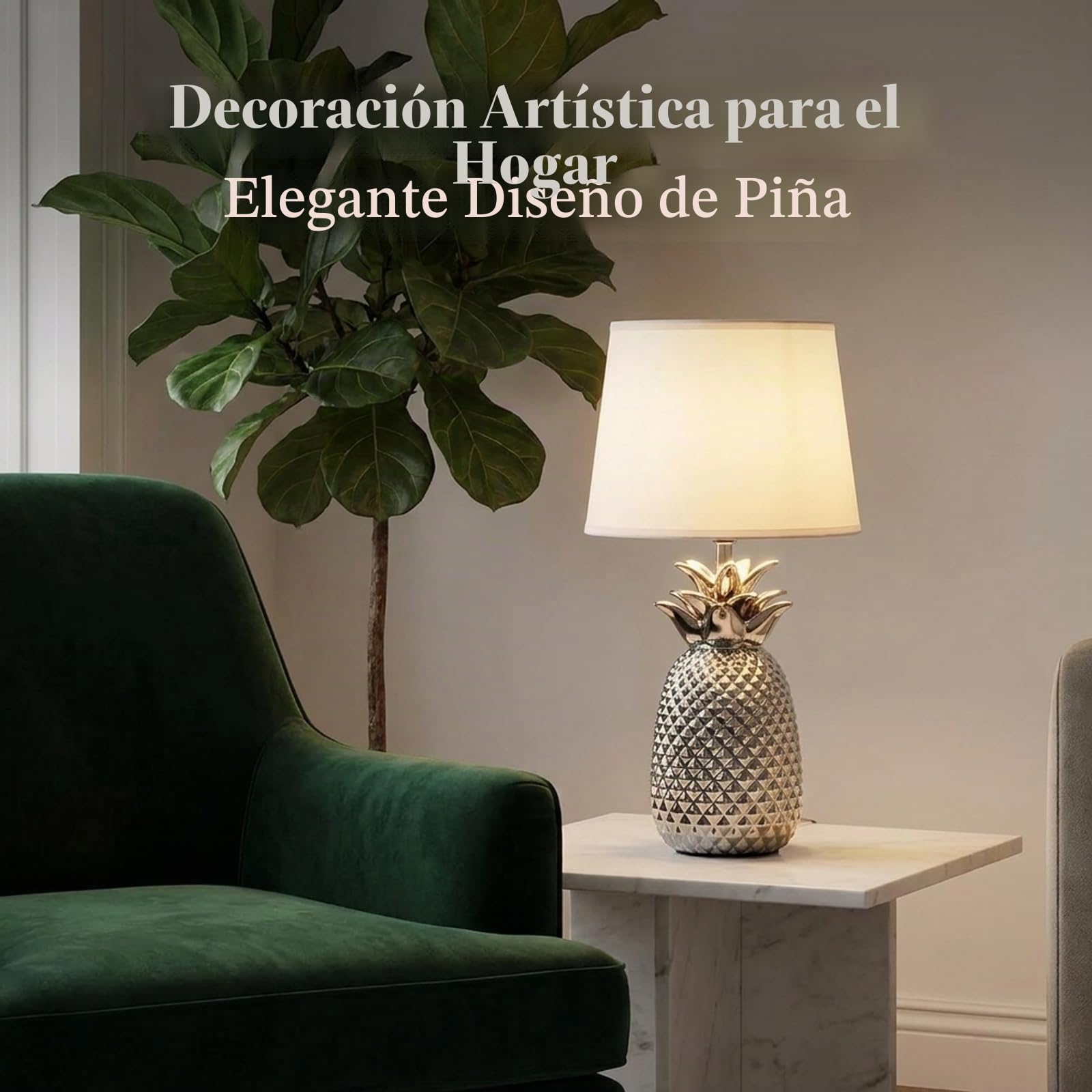 Aigostar 197209 - Lámpara de Cerámica, casquillo E14. Forma de piña, Plateado. Lámpara de Mesa o Mesita de Noche, Pantalla de Tela, Lámpara Escritorio Diseño moderno para Dormitorio, Estudio, Salón