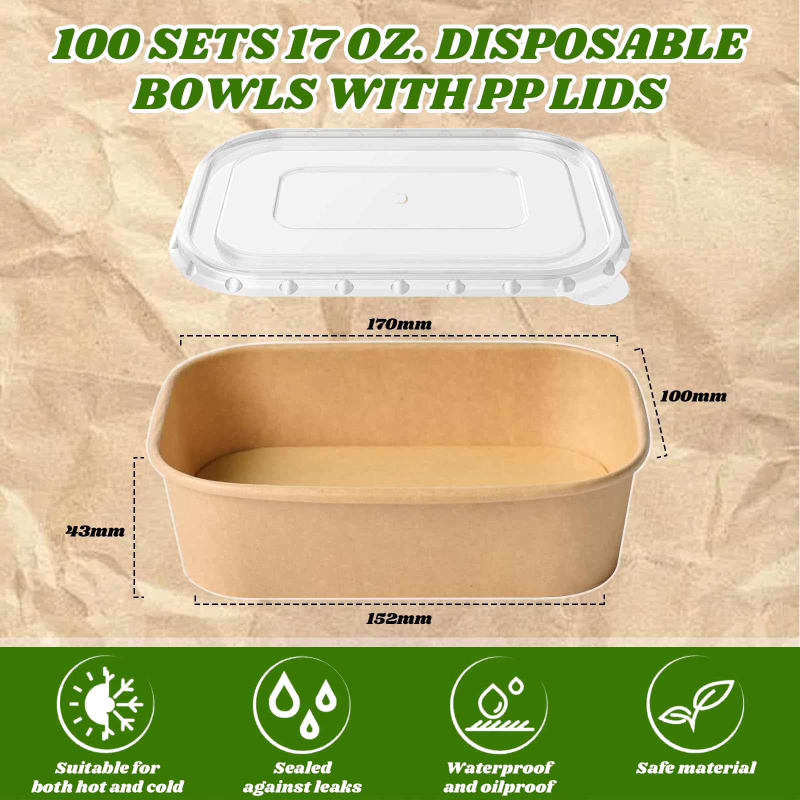 FYSUIMU 100 cuencos desechables de papel kraft de 17 onzas con tapas, recipientes rectangulares para alimentos, ensaladas para el hogar, restaurante, camping, bebidas frías y calientes