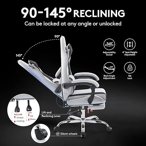 Miniatura 8 de Gaming Chair Breathable Fabric,Computer Office Chair with Footrest,Massage Lumbar Support and Gel Pad,Ergonomic Reclining Adjustable Gamer Chair
