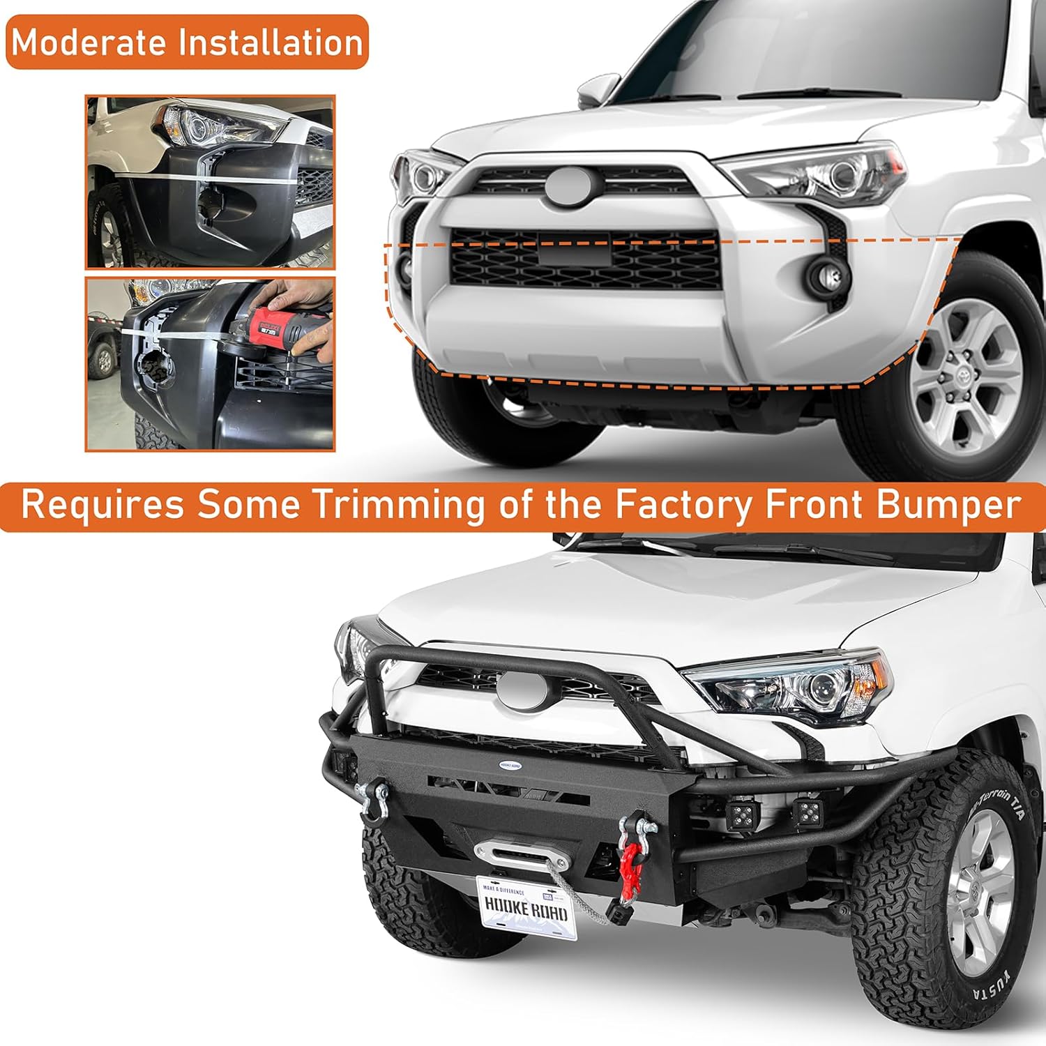 Hooke Road 4Runner Tube Front Bumper for 2014-2024 Toyota 4Runner 5th Gen, Offroad Bumper with Winch Plate Skid Plate & 4 LED Spot Lights