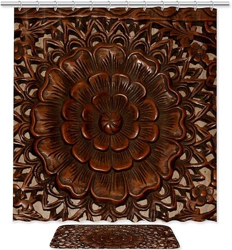 Juego de cortinas de ducha y tapetes de poliéster tallados con flores de madera tallada juego de cortinas y alfombras de baño con ganchos 708 x 708