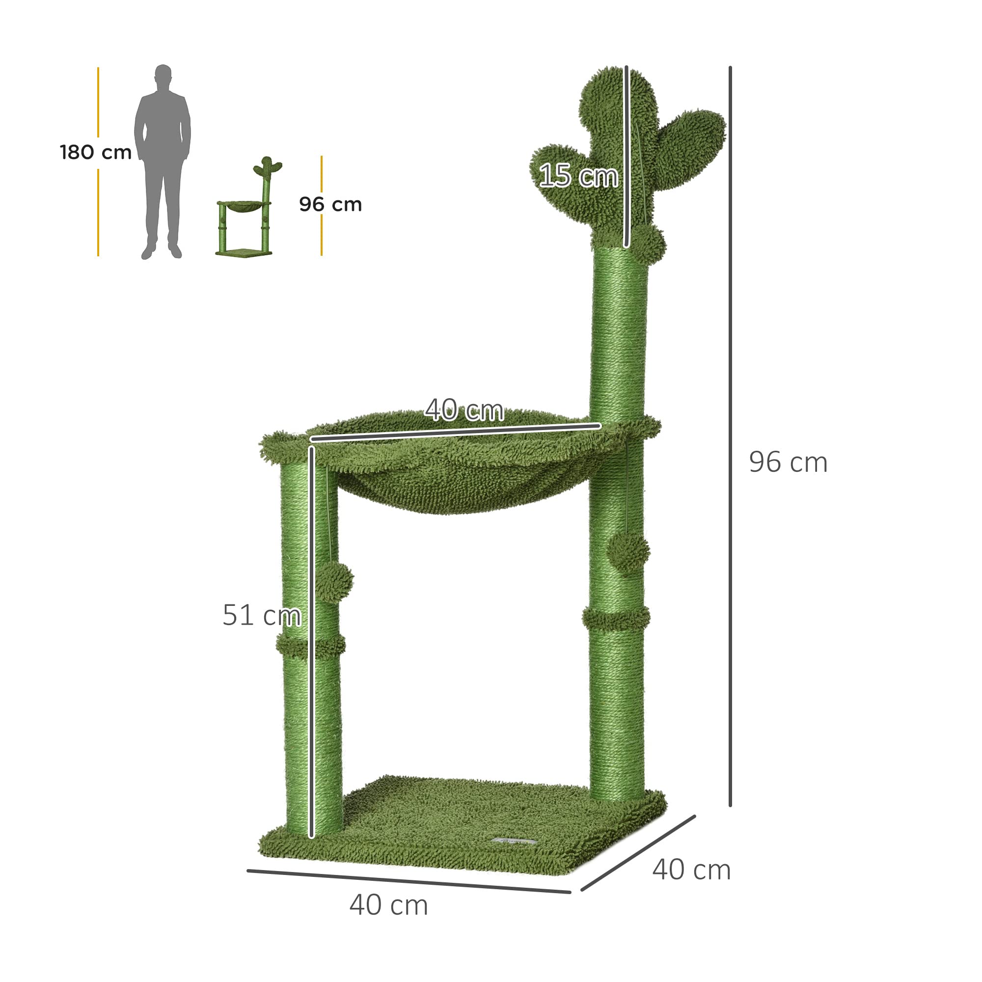 PawHut Albero Tiragraffi per Gatti Adulti e Gattini a Forma di Cactus con Corda Sisal, Palline e Amaca, Altezza 96cm, Verde