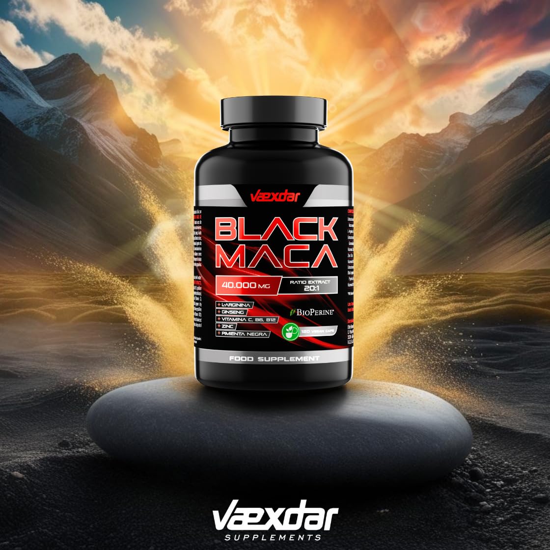 Maca Negra Andina 40.000mg - Extracto 20:1 - Maca Negra Peruana + L-Arginina + Ginseng + Zinc + Vitamina C, B6 y B12 - Alta Concentración - Potencia tu Energía y Vitalidad - 120 Cápsulas - Vaexdar
