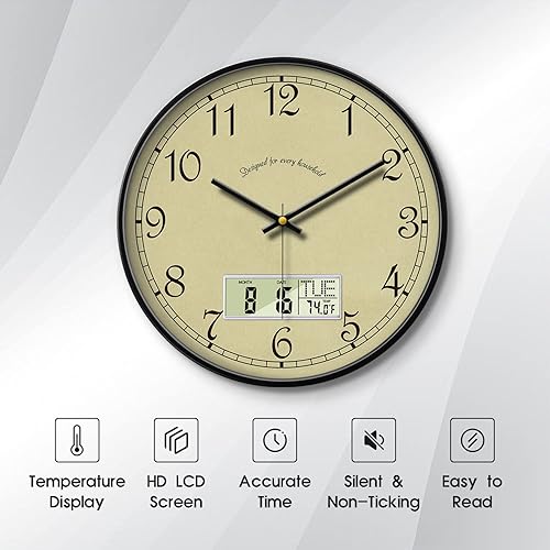 Miniatura 2 de SCOAGE Reloj de pared digital de 12 pulgadas con fecha, temperatura y hora, color beige