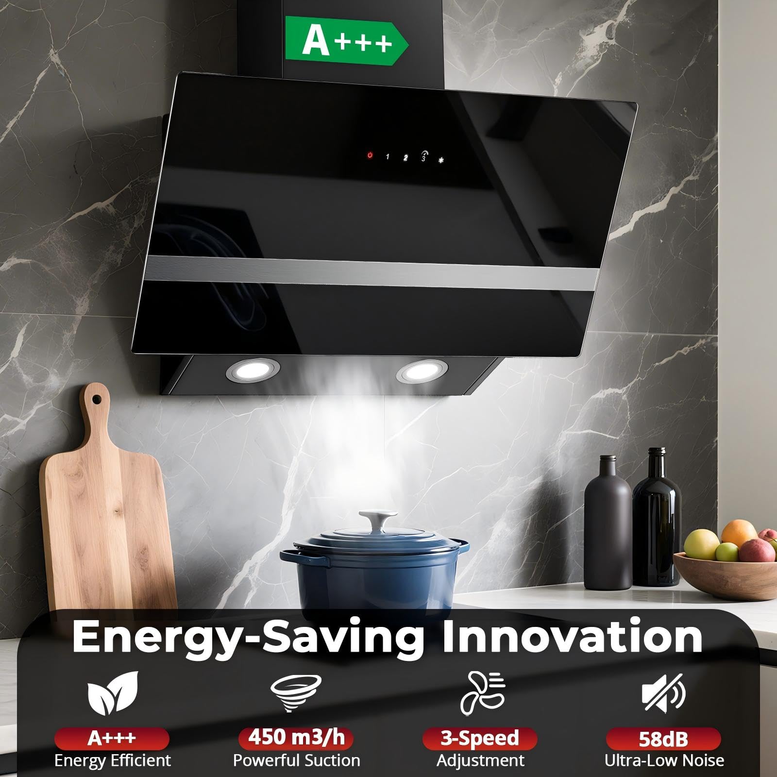 SNDOAS 60cm Angled Cooker Hood, 450 m³/h Kitchen Extractor Fan, A+++ Range Hood, Recirculating & Ducting Modes with Carbon Filters, Black Glass Touch Control with 3 Speed + Booster — view 2