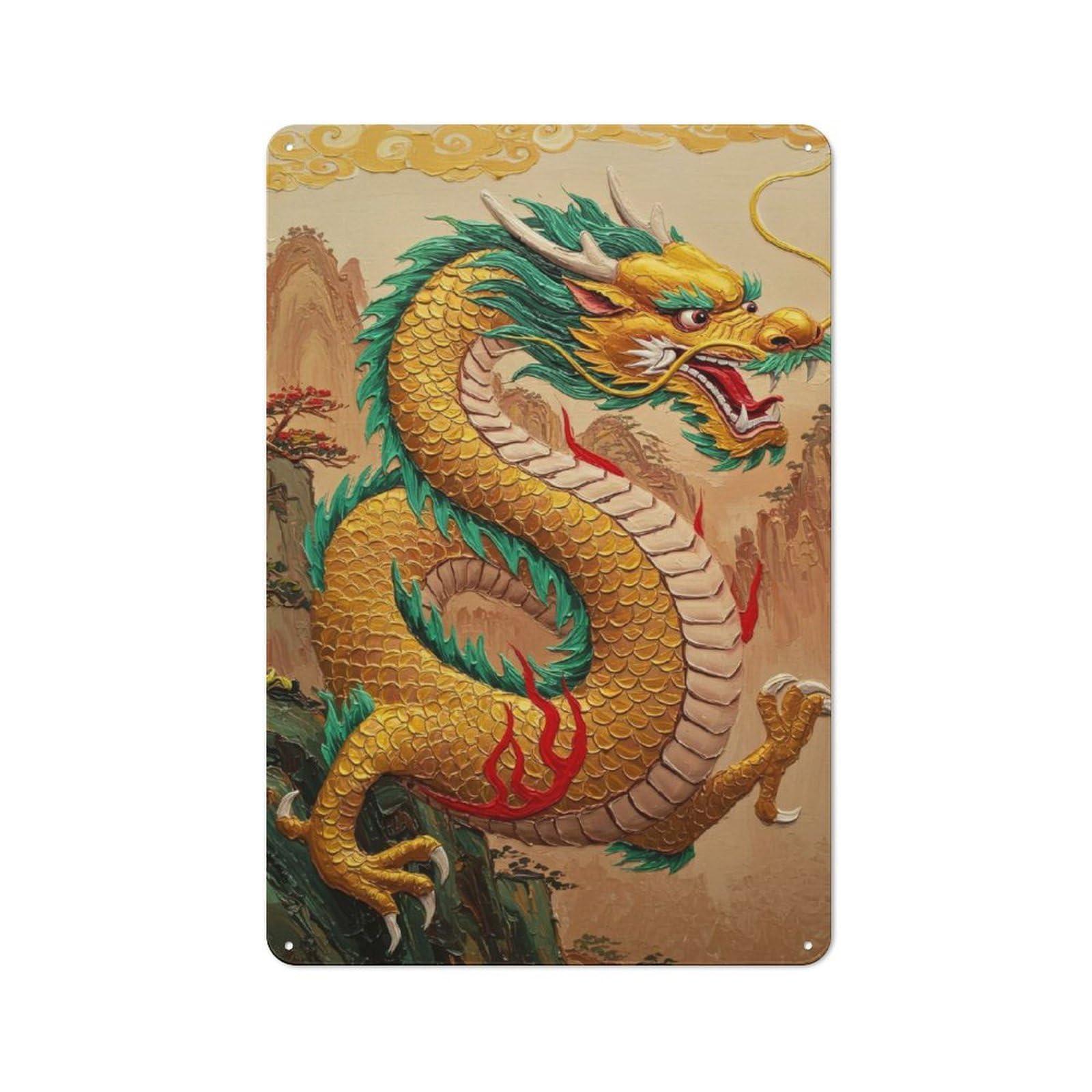 Junmoney Golden Dragon Painting With Mountain Backdrop Retro Metal Plaque 30X20cm Featuring For Garage Wall, A Winter Wall Decor Update For Workshop Decor Fans