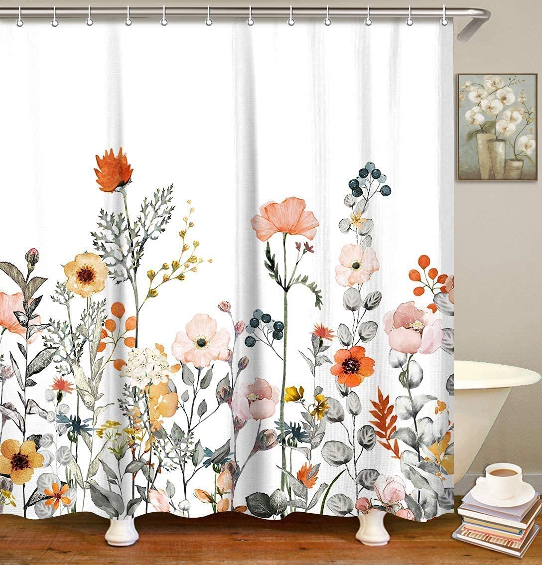 LIVILANFloral Shower Curtains for Bathroom Flower Shower Curtain Pretty Shower Curtain Fabric Colorful Wildflower Flowered Shower Curtains with 12 Hooks Decorative Machine Washable, 72" W x 96" H