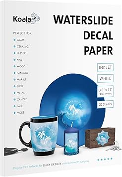 Koala 25 Sheets Waterslide Decal Paper for Inkjet Printer - WHITE 8.5x11 Inch Water Slide Transfer Paper for DIY Tumblers, Mugs, Glass, Ceramics