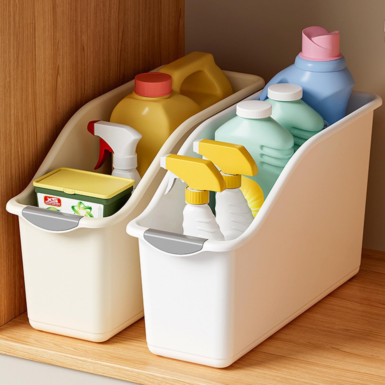 2 Pack Tall Under Sink Organizer with Wheels, Roll Out Plastic Organizer Bins with Handle for Kitchen, Bathroom and Pantry, Multi-purpose Freezer Organization, Kitchen Organizers and Storage