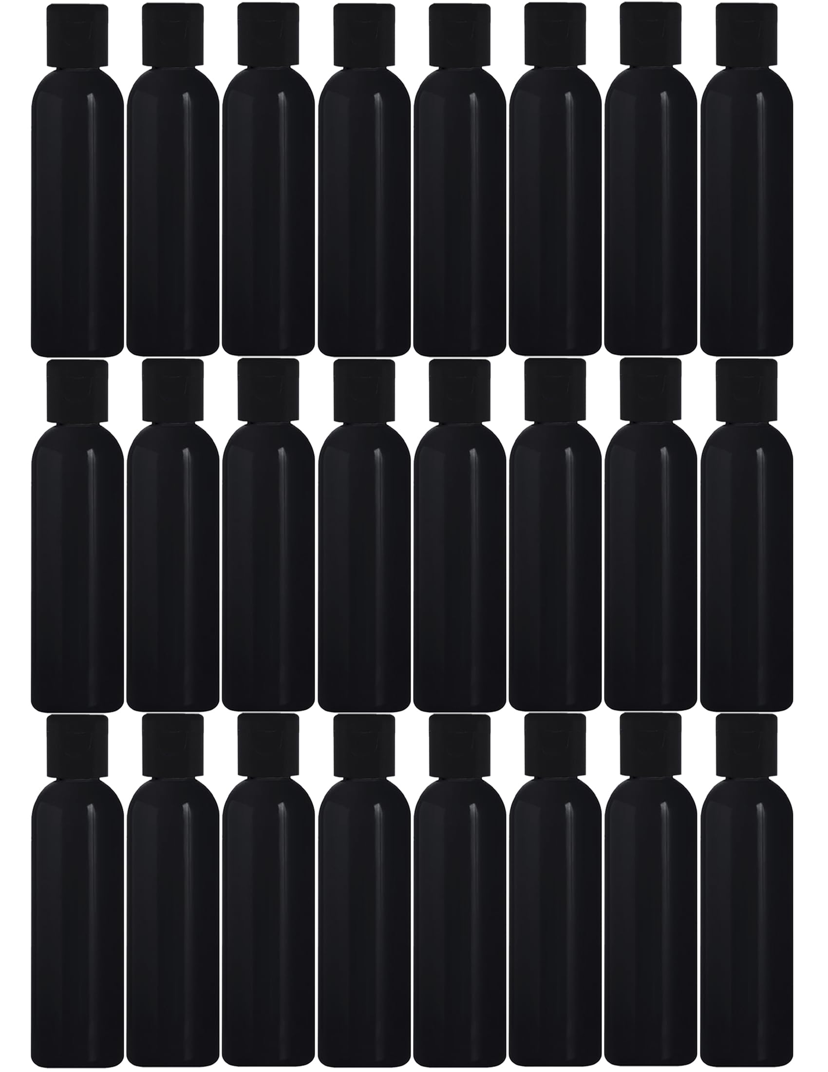 ERZA 100ml Squeeze Bottle with Flip Top Cap, Empty BPA-Free Refillable Container For Shampoo, Lotions, Liquid Body Soap, Creams, Liquid Cosmetic Travel Size Black Bottle, Black Cap, Set of 24-picture-42