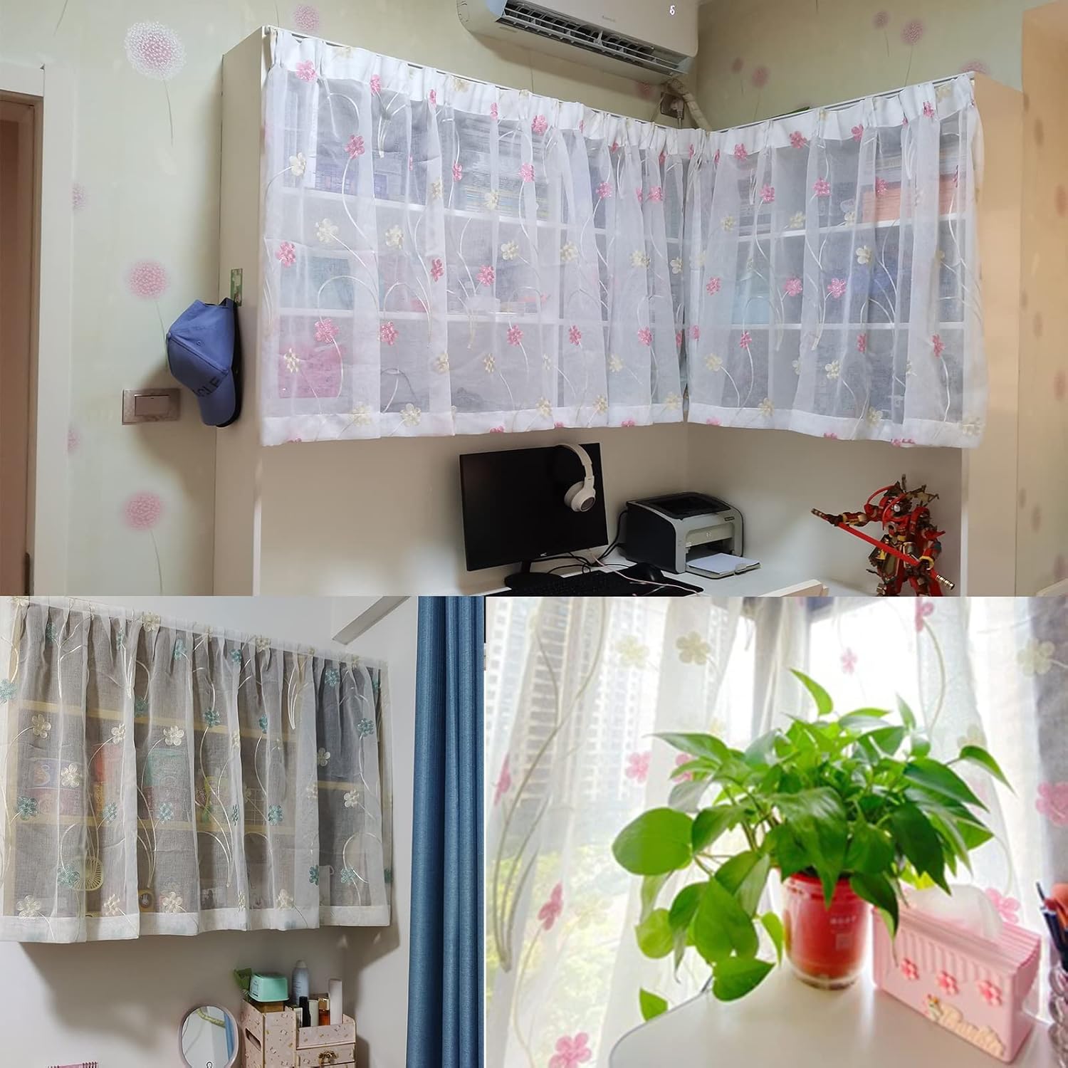 Kitchen Curtains Floral Embroidered Sheer Tier Curtains, Short Voile Cafe Curtains Rustic Style Flower Curtain Valance for Small Window/Cupboard Decor (Size : W300xH130cm/118x51in)