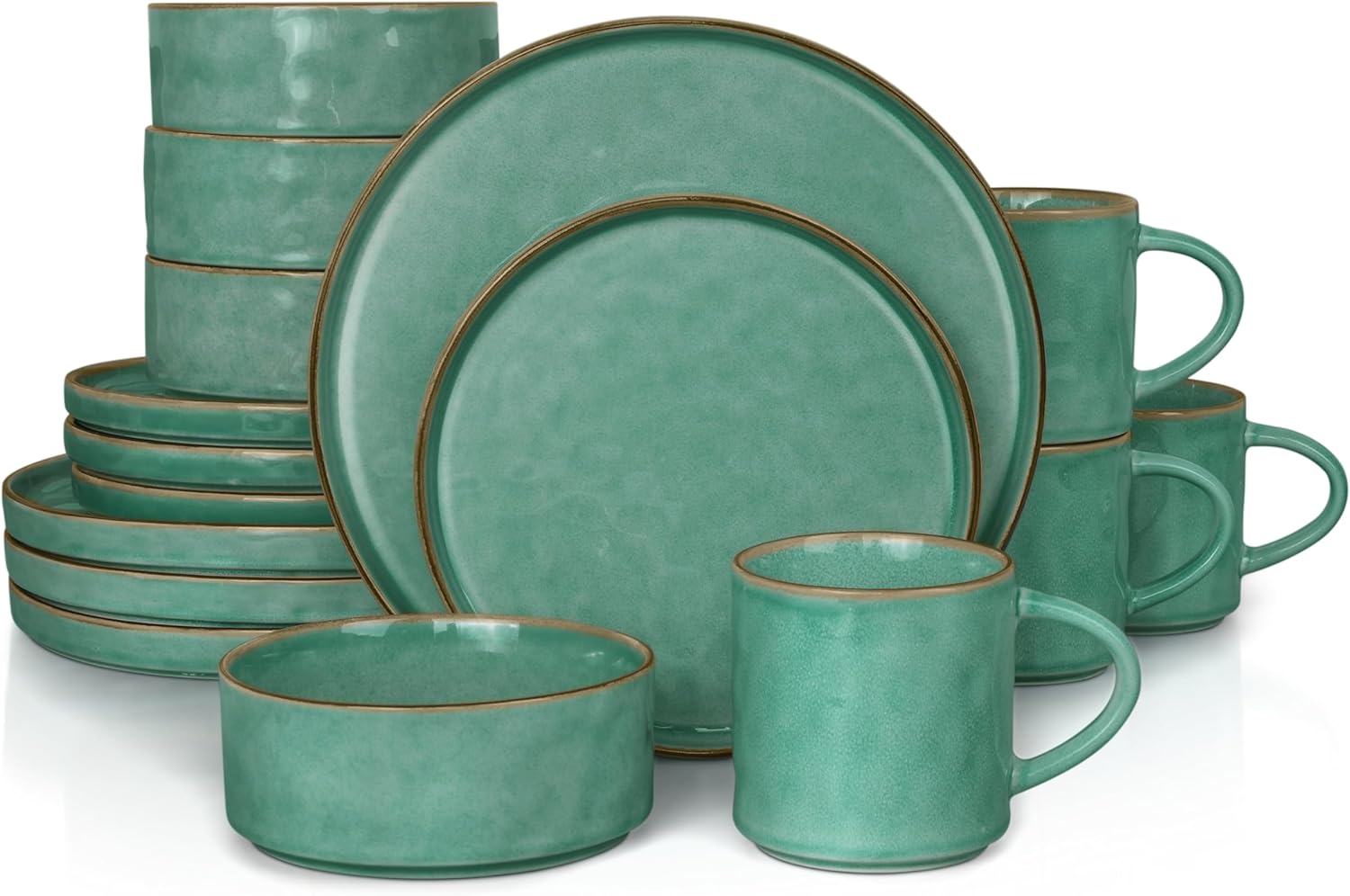 HaWare Dinnerware Sets, 16-Piece Stoneware Plates and Bowls Set, Elegant Ceramic Dish Set for 4, Chip and Scratch Resistant, Microwave and Dishwasher Safe, Reactive Green Reactive Green Round-16pcs for 4