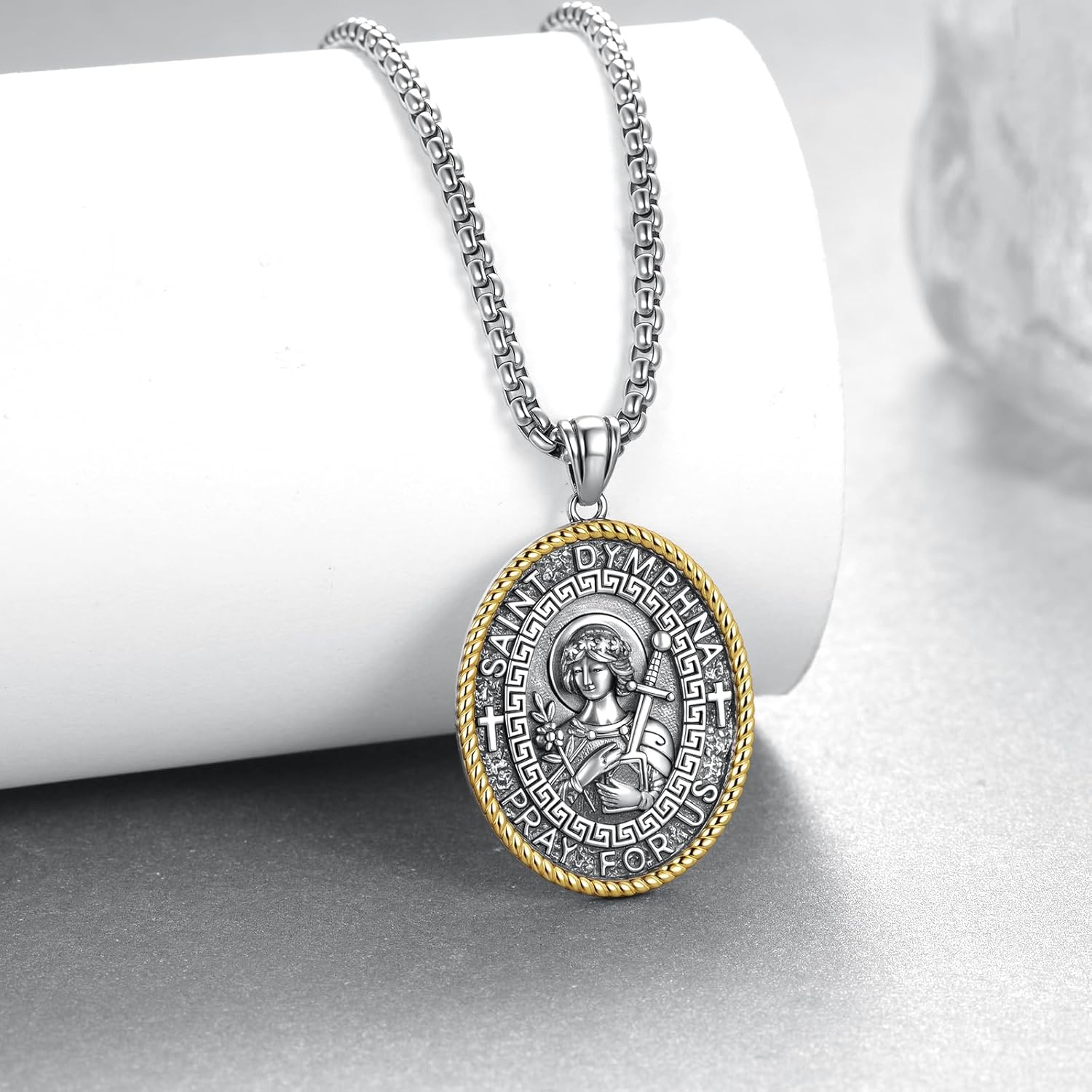 St Dymphna Medal 925 Sterling Silver Saint Medal Necklace Catholic Jewelry Gifts for Men - Image 2
