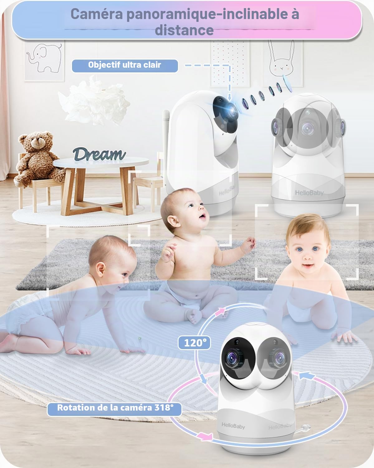 HelloBaby babyphone caméra,29 Heures de Batterie Babyphone Caméra Bébé, 355°/120° Caméra PTZ Longue Portée,Eco,Affichage de l'heure, Conversation Bidirectionnelle, Jusqu'à 1000 Pieds (HB6240)