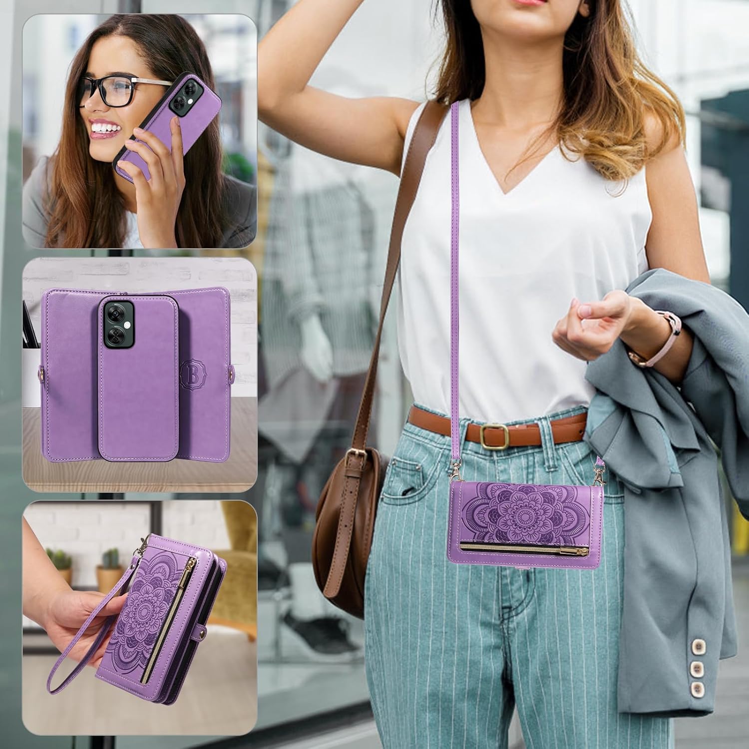 Asuwish Phone Case for OnePlus Nord N30 5G/CE 3 Lite Zipper Wallet Detachable Cell Cover with Tempered Glass Screen Protector Strap Flower Card Holder OPPO K11x/One Plus 1 1+ N 30/CE3 Women Men Purple