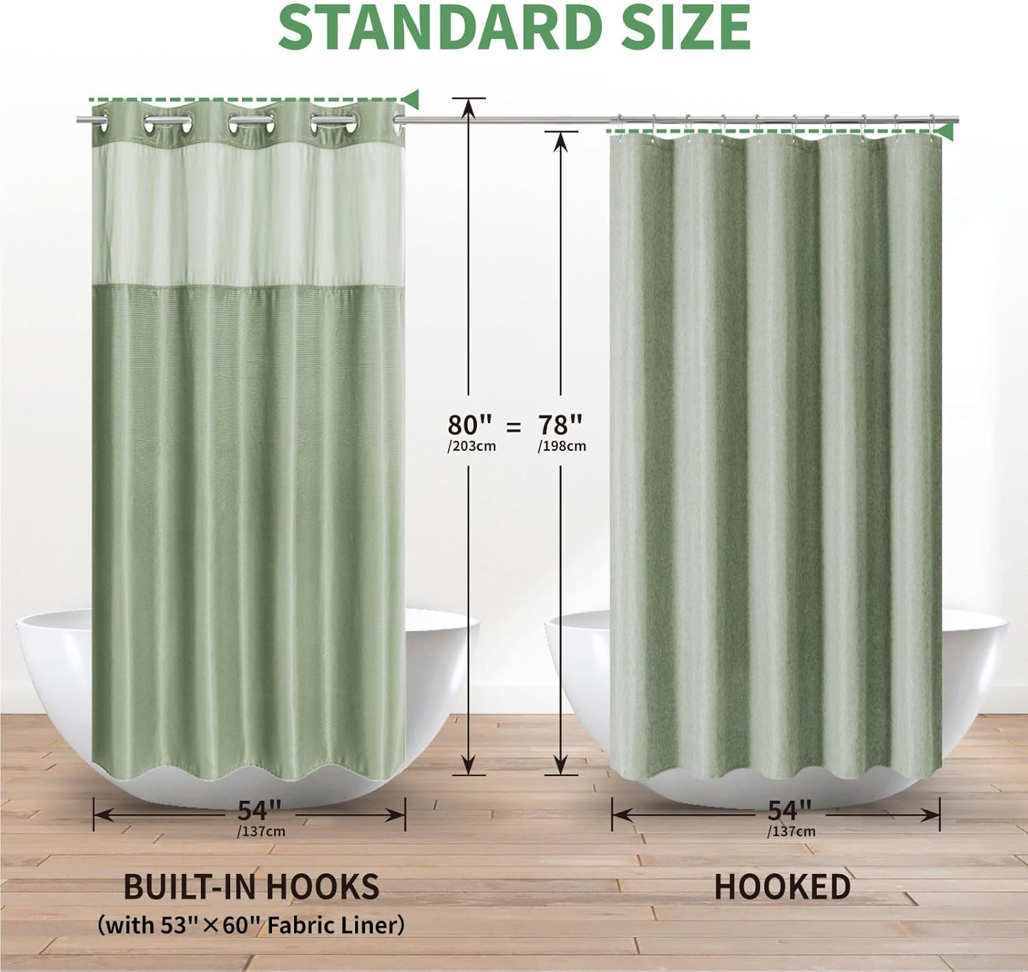 eachope Stall No Hook Shower Curtain with Snap-in Fabric Liner Set,Waffle Weave Shower Curtains for Bathroom,Hotel Luxury Decor Bathroom Curtain Set,Waterproof & Washable,Sage Green,54Wx80H