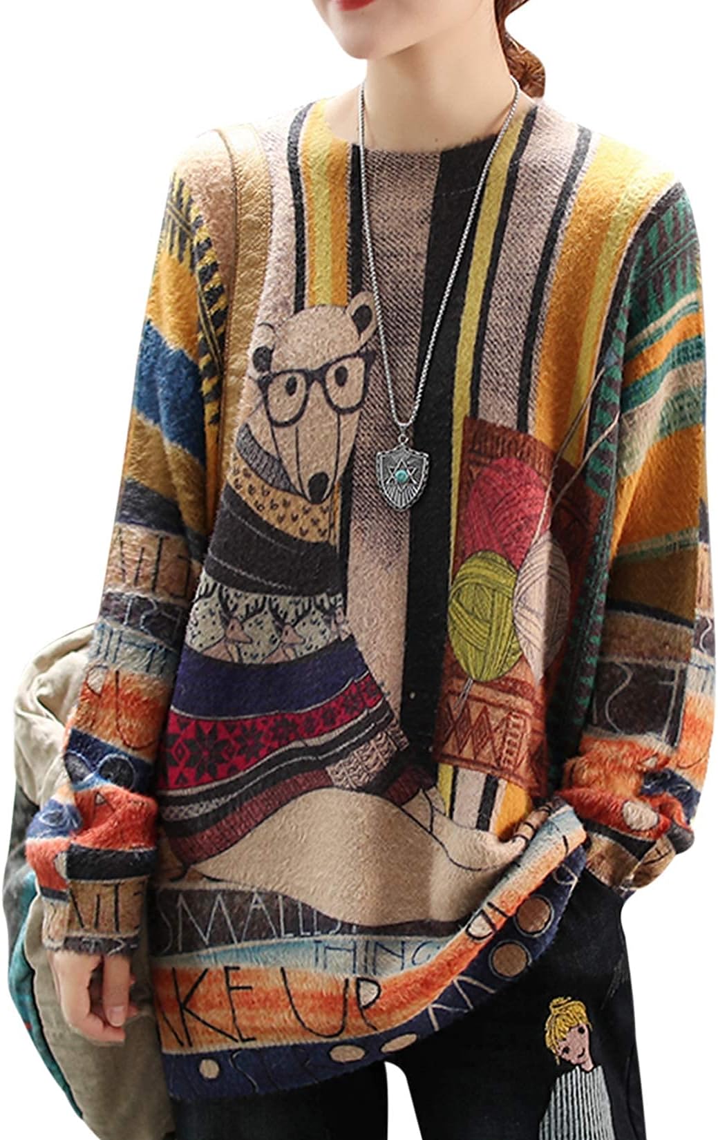 YESNOWomen Sweater Graphic Oversized Pullover Sweaters Casual Loose Long Sleeve Knit Tops S01, S01 as Picture31, XX-Large
